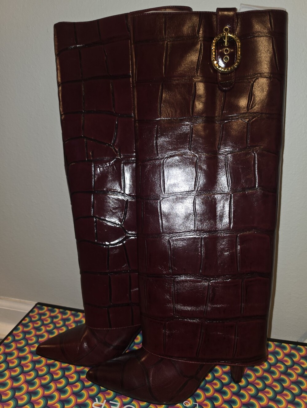 Kurt Geiger London Wine Croc Leather Fold Over Tall BootsKurt Geiger London Fold